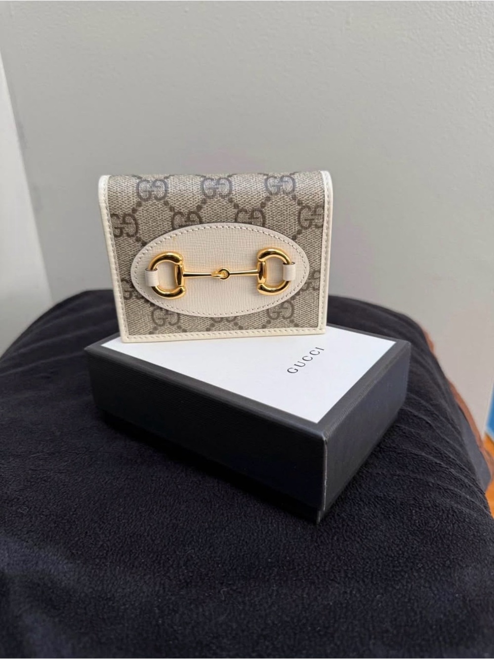 Gucci Beige GG Canvas Card Case with Ivory Trim and Gold Horsebit